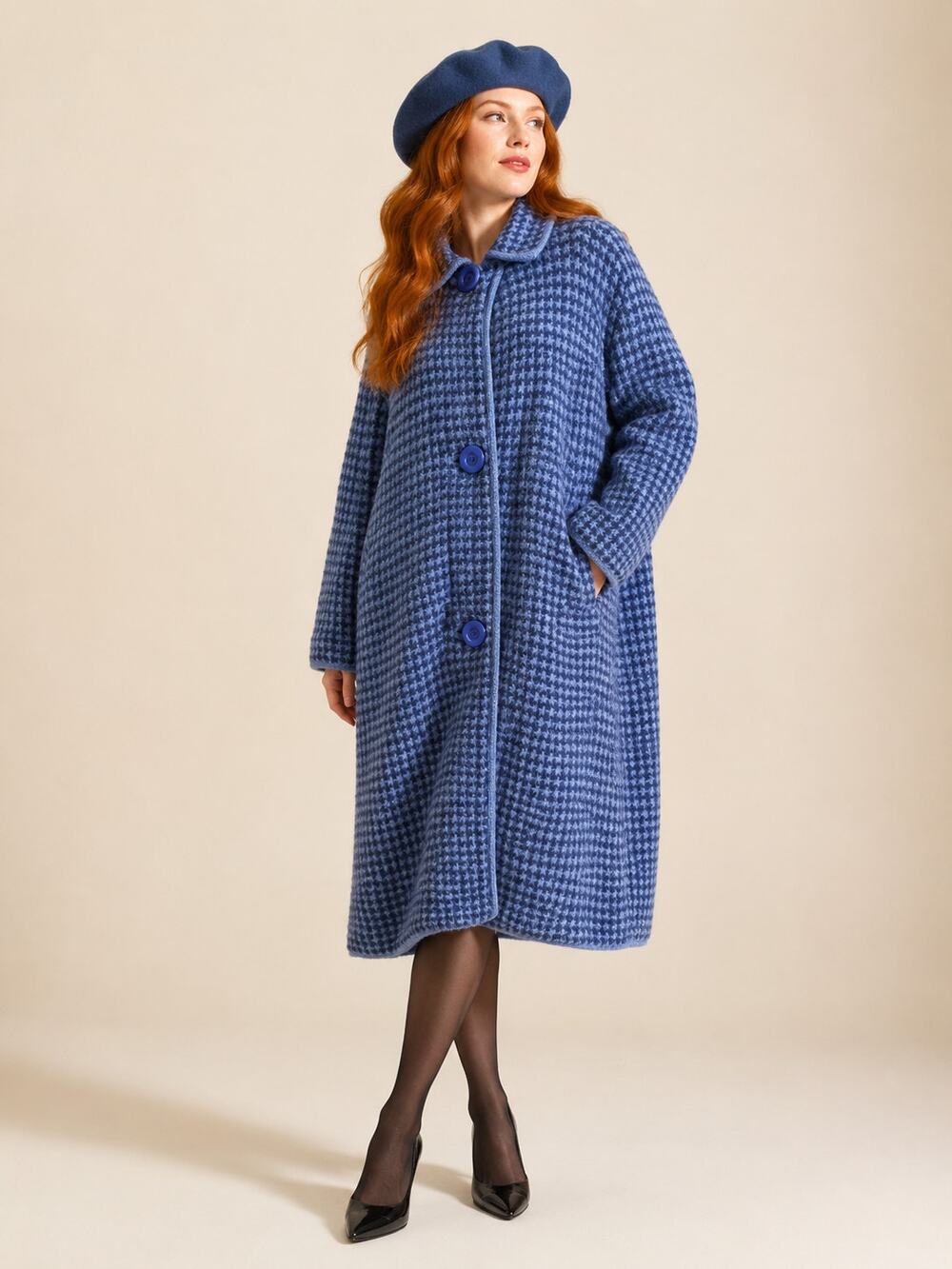 Vintage Peggy Peckros Hand Knit Blue Houndstooth Coat M/L Coatigan Rare